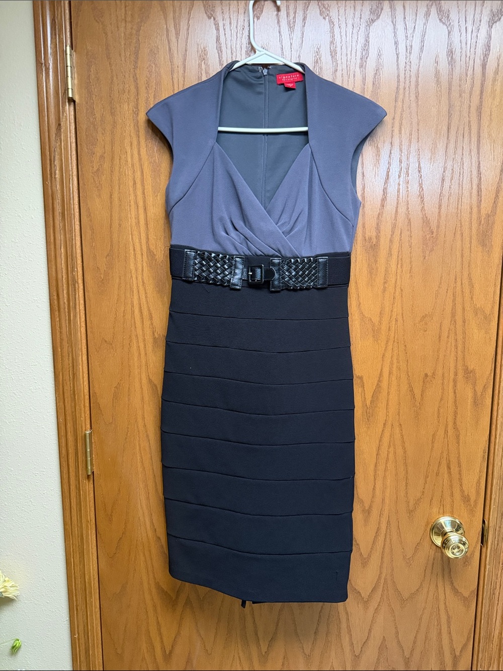 Signature by Sangria Two-Tone Gray and Black Midi Sheath Dress with Belt